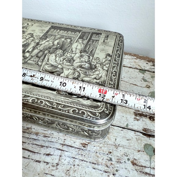 Vintage Teniers 3D Embossed Belgium Tin – 1950s Silvertone Hinged Cookie Box - Picture 7 of 9